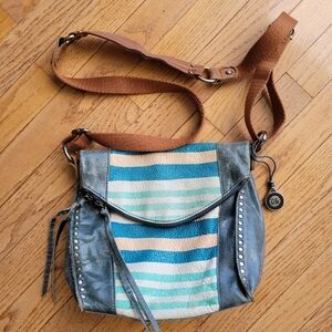 The Sak Blue Striped Distressed Leather Bag Crossbody Studded Zippered Flap